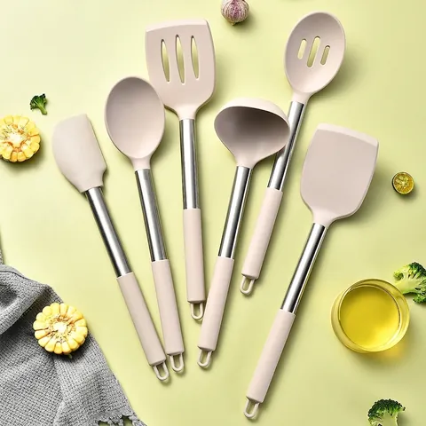 Ensemble d'Ustensiles de Cuisine en Silicone Avec Poignée en Acier Inoxydable Ensemble de Cuillère et Spatule Antiadhésif