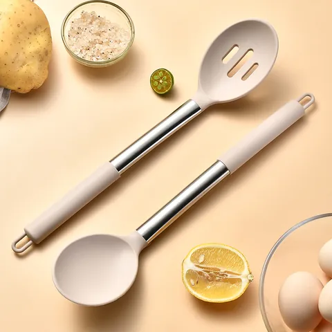 Ensemble d'Ustensiles de Cuisine en Silicone Avec Poignée en Acier Inoxydable Ensemble de Cuillère et Spatule Antiadhésif