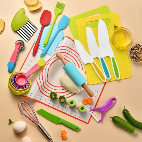 Kids Safety Cooking and Baking Set for Children Kitchen Pretend Play Plastic Silicone Stainless Steel and Wood Tool Set