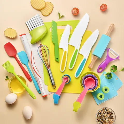 Kids Safety Cooking and Baking Set for Children Kitchen Pretend Play Plastic Silicone Stainless Steel and Wood Tool Set