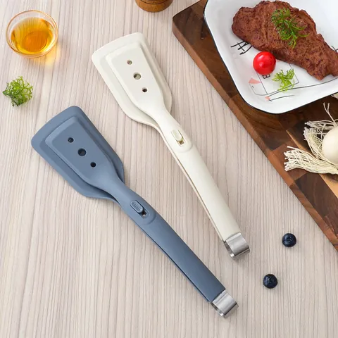 2-In-1 Silicone Food Tongs Spatula Heat Resistant Stainless Steel Flipping Tongs For Steak Fish Bread Kitchen Cooking BBQ Grill