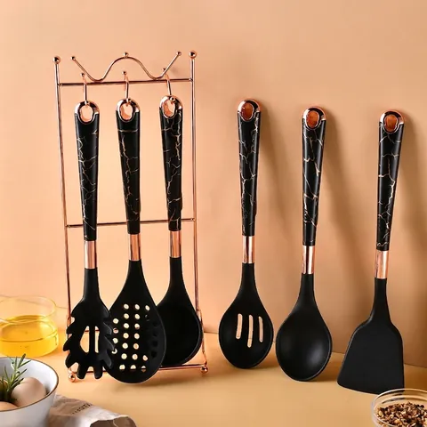 7-Piece Silicone Kitchen Utensil Set with Stainless Steel Storage Rack Heat Resistant Non-Stick Marble Wood Grain Handle