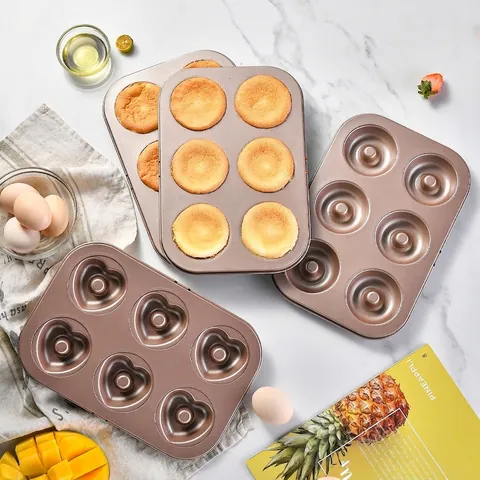 6-Cup Non-Stick Carbon Steel Muffin Donut Cake Mold Champagne Gold Professional Baking Pan For Home Kitchen Oven Use