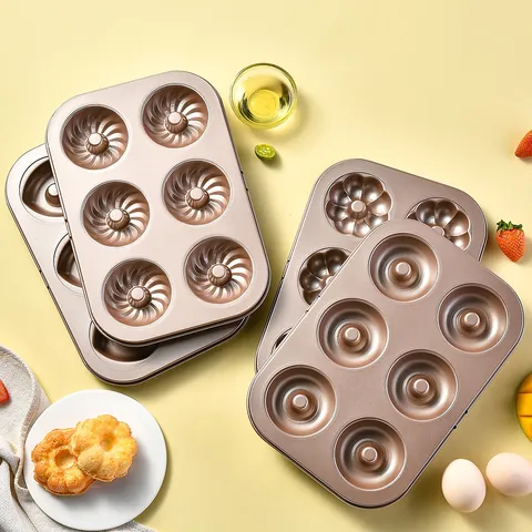 6-Cup Non-Stick Carbon Steel Muffin Donut Cake Mold Champagne Gold Professional Baking Pan For Home Kitchen Oven Use