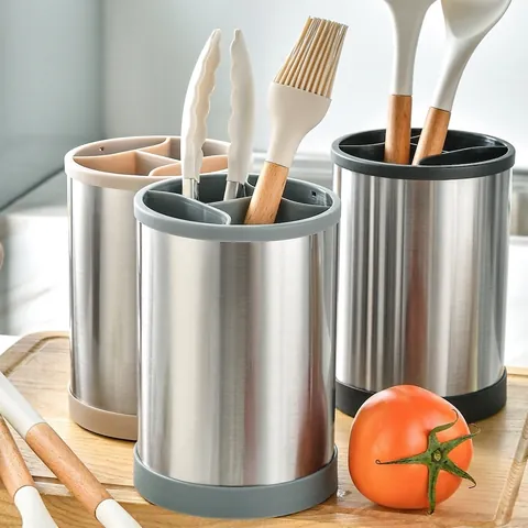 Stainless Steel Rotating Utensil Holder Multi-functional Kitchen Cutlery Storage Caddy Compartmentalized Knife Block Holder Organizer
