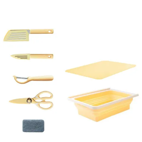 Foldable Kitchen Cutting Board Drain Basket Multi-functional Outdoor Camping Fruit Storage Organizer Knife Peeler Scissor Tool Collection PP Stainless Steel Materials