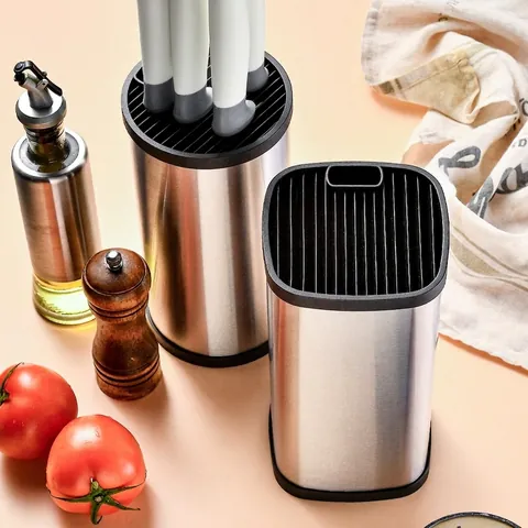 Ceppo Portacoltelli Universale in Acciaio Inossidabile per Cucina Organizzatore Cilindrico Quadrato Arrotondato Senza Coltelli