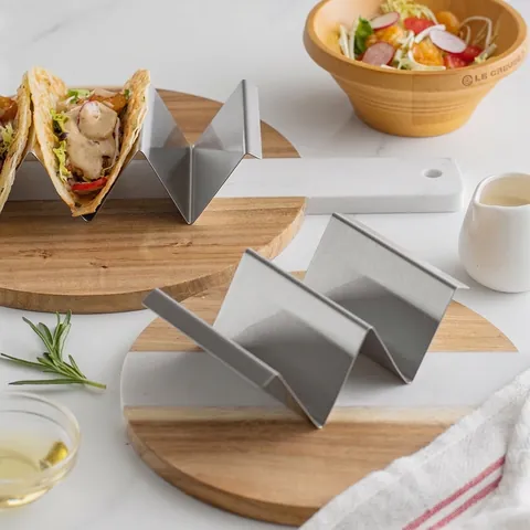 W-Shape Stainless Steel Taco Holder Stand For Mexican Tortillas Sandwiches Kitchen Serving Tray Brushed Metal Finish