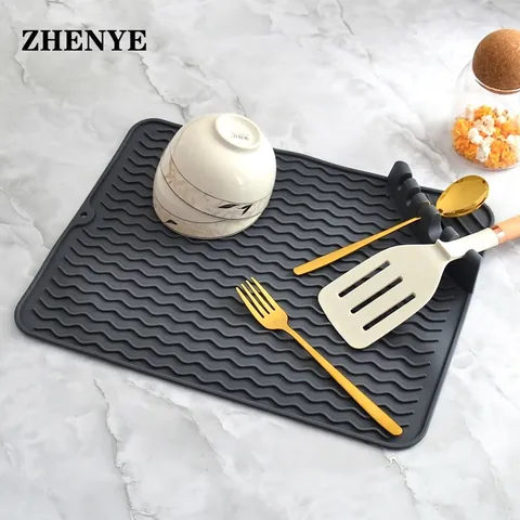 Silicone Dish Drying Mat For Kitchen Counter Wavy Drainage Pad With Utensil Rest Heat Resistant Anti-slip Grey Drying Mat