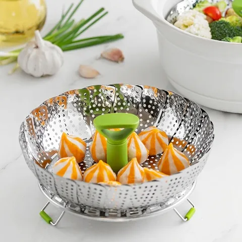 Panier Vapeur Pliant en Acier Inoxydable Insert de Cuiseur Vapeur Ajustable Télescopique pour Légumes Poissons Fruits de Mer Avec Poignée