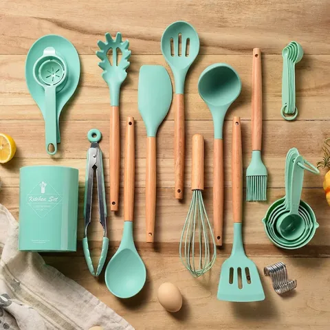 Set di Utensili da Cucina in Silicone Con Manico in Legno Resistente al Calore Antiaderente Spatola Cucchiaio Set Misuratore