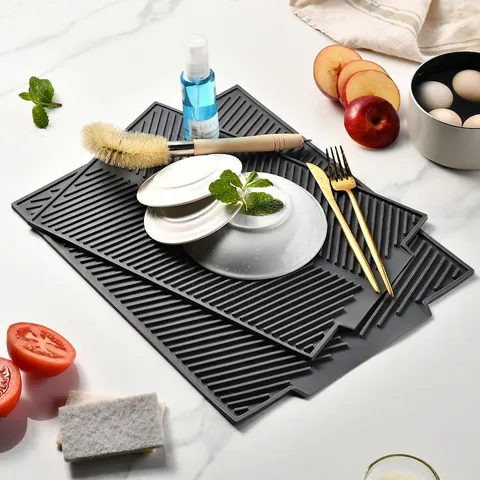 PVC Dish Drying Mat For Kitchen Countertop Non Slip Heat Resistant Drainage Pad Modern Minimalist Table Protector Grey