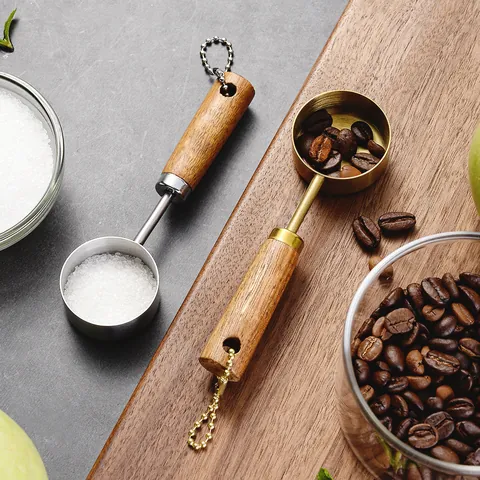 Stainless Steel Measuring Spoon With Wood Handle Gold Silver Plated Coffee Scoop Kitchen Baking Tool Measuring Ladle