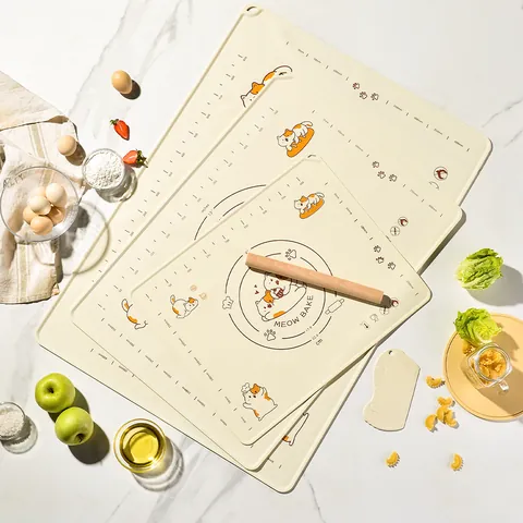 Extra Thick Silicone Pastry Mat With Measurements Cartoon Orange Cat Non-Slip Baking Mat Rolling Pin Scraper Set For Kneading Dough