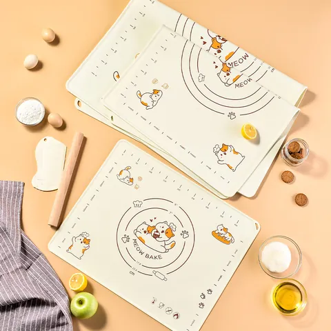 Cartoon Orange Cat Food Grade Silicone Kneading Mat Cream Color Thickened Non Stick Baking Sheet Scale Guide Rolling Dough Pastry Mat For Home Kitchen Countertop