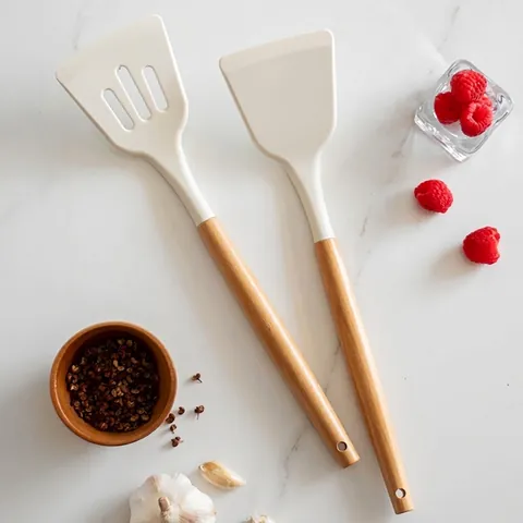 Heat Resistant Silicone Spatula And Slotted Turner Kitchen Utensils Set With Wooden Handle Non-Stick Cooking Frying Tools