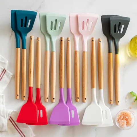 Heat Resistant Silicone Spatula And Slotted Turner Kitchen Utensils Set With Wooden Handle Non-Stick Cooking Frying Tools