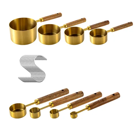 Edelstahl Messbecher und Messlöffel Set mit Holzgriff 8-teilig Gold Roségold Küche Backwerkzeuge zum Messen