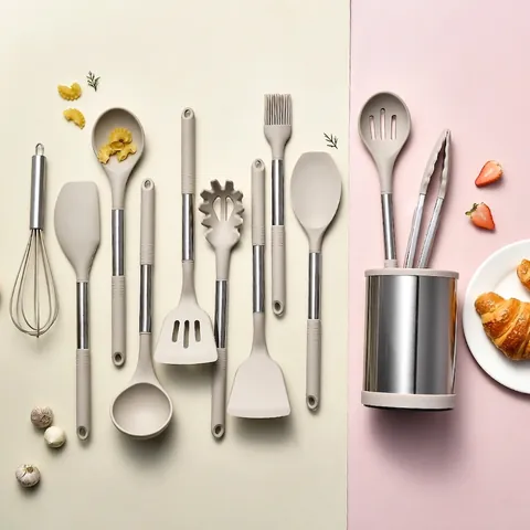 Silicone Kitchen Utensil Cooking Tools With Rotating Stainless Steel Storage Bucket Non-Stick Heat Resistant Spatula Turner Kitchenware
