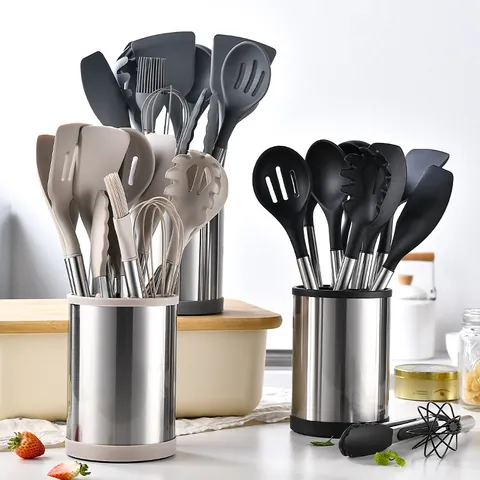 Silicone Kitchen Utensil Cooking Tools With Rotating Stainless Steel Storage Bucket Non-Stick Heat Resistant Spatula Turner Kitchenware