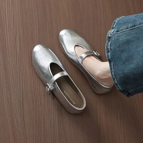 Women's French Retro Mary Jane Shoes Round Toe Flat Ballet Flats with Single Strap PU Leather Daily Casual Dress Shoes