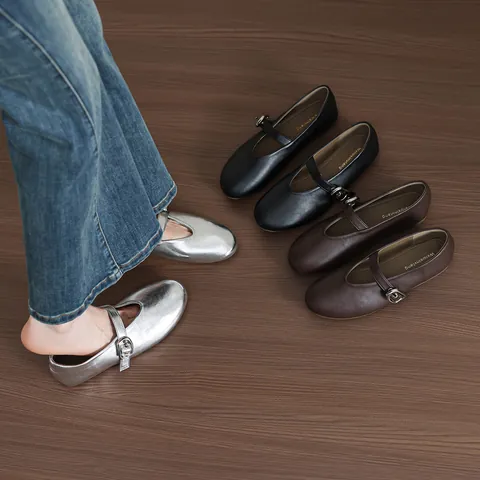 Women's French Retro Mary Jane Shoes Round Toe Flat Ballet Flats with Single Strap PU Leather Daily Casual Dress Shoes