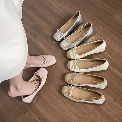 Bailarinas Vintage Francesas para Mujer Lazo Decorativo Corte Bajo Aumento de Altura Interior Cuero PU Punta Cuadrada Zapatos Casuales Sin Cordones
