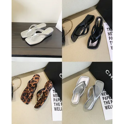 Damen Quadratische Zehe Keilabsatz Flip Flops Mode Thong Sandalen 2026 Sommer Feen-Stil Leopard Schwarz Silber High Heel Slides