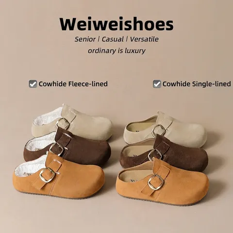 Women Suede Buckle Clogs Thick Sole Hidden Wedge Slippers Fleece Lined Round Toe Outdoor Autumn Winter Retro Casual Mules