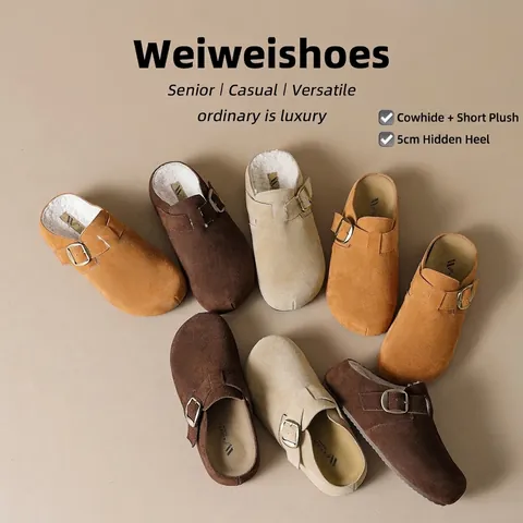 Women Suede Buckle Clogs Thick Sole Hidden Wedge Slippers Fleece Lined Round Toe Outdoor Autumn Winter Retro Casual Mules