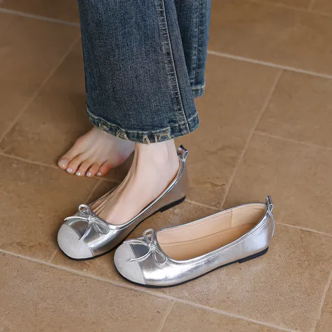 Bailarinas Vintage con Lazo para Mujer Gamuza Splicing Boca Superficial Zapatos Planos Cómodos Suela Blanda Zapatos Casuales