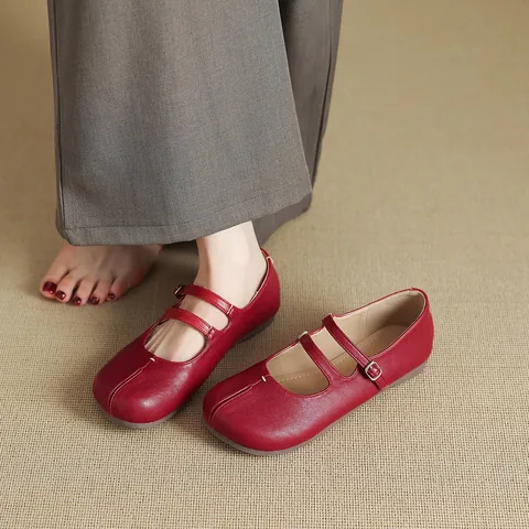 Zapatos Planos Mary Jane de PU Retro para Mujer Falsa Punta Dividida Estilo Tabi Boca Superficial Hebilla de Una Sola Correa Zapatos de Caminar Casuales Cómodos