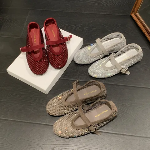 Women Rhinestone Mesh Mary Jane Flats Internal Height Increasing Round Toe Ballet Shoes Sparkly Breathable Fairy Style Sandals