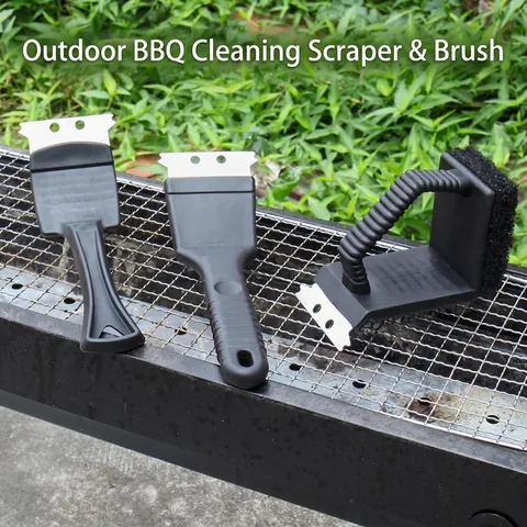 Multi Functional Stainless Steel BBQ Grill Cleaning Brush With Scraper Scrubber Outdoor Barbecue Grate Cleaner Brush Tool