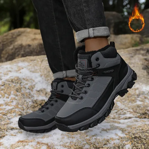 Men Outdoor Snow Boots Warm Plush Lining Hiking Mountaineering Shoes Waterproof PU Upper Anti-Slip Rubber Sole Winter Boots