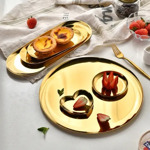 Nordic Stainless Steel Gold Round Oval Heart Dinner Plate Fruit Tray Mirror Polished Jewelry Storage Tray Serving Dish