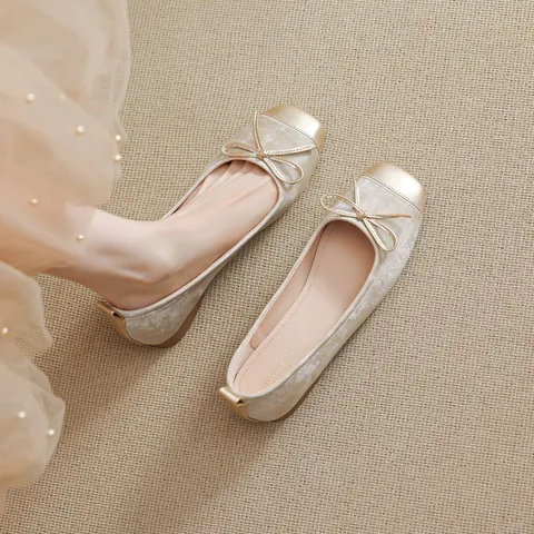 French Style Square Toe Ballet Flats Women Elegant Satin Slip On Shallow Mouth Bowknot Flat Shoes For Daily Party Wear