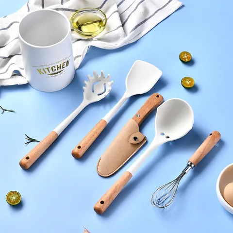 Mini Juego de Utensilios de Cocina de Silicona con Mango de Madera Resistente al Calor Antiadherente Espátula Cuchara Sopera Batidor Cuchillo Cubo