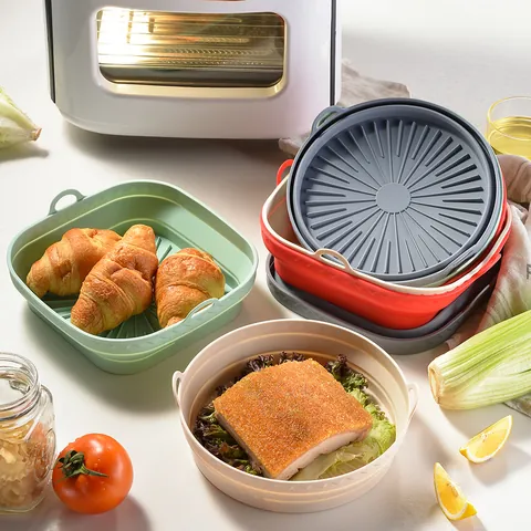 Foldable Air Fryer Silicone Pot Reusable Silicone Basket For Baking Round Square Oven Tray Liner With Double Handles Kitchen Tools