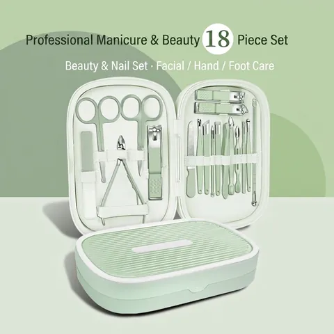 18pcs Professional Stainless Steel Manicure Set Pedicure Kit Grooming Tools With Portable PU Leather Case For Women Men