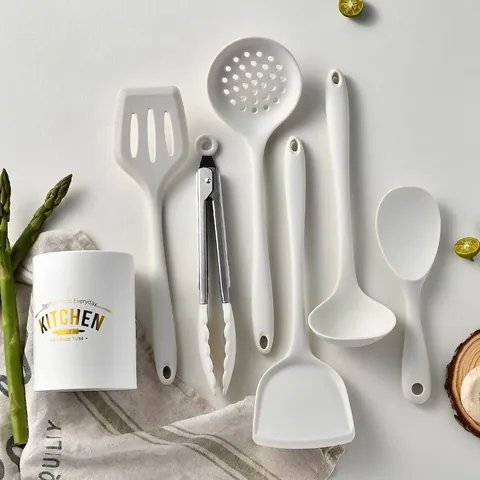 Heat Resistant Silicone Kitchen Utensils For Non-Stick Pans Ergonomic Cooking Spatula Soup Spoon Turner Tongs With Bucket