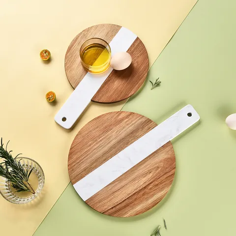 Nordic Acacia Wood And Marble Spliced Round Serving Board With Handle Steak Cheese Tray Kitchen Cutting Board Decorative Plate
