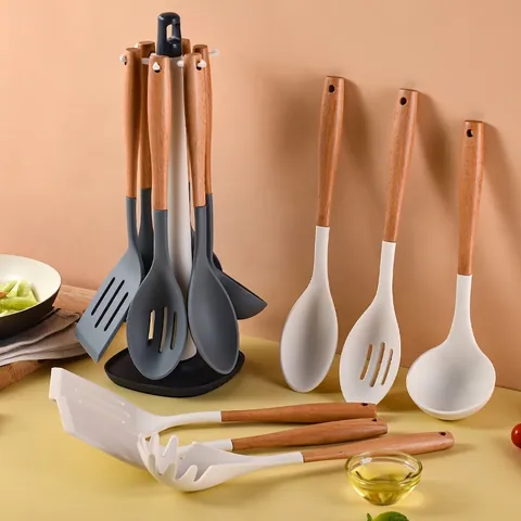 7Pcs Silicone Kitchen Utensil Set With Wood Handle Heat Resistant Non-Stick Cookware Spatula Ladle Pasta Server Storage Stand