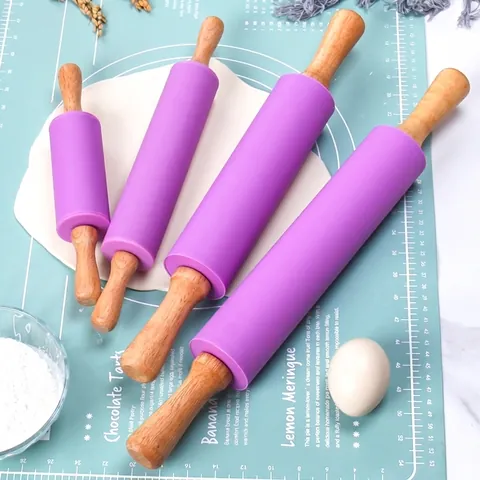 Silicone Rolling Pin Wooden Handle Non Stick Dough Roller Baking Tool Modern Kitchen Pastry Roller Manual Pizza Roller