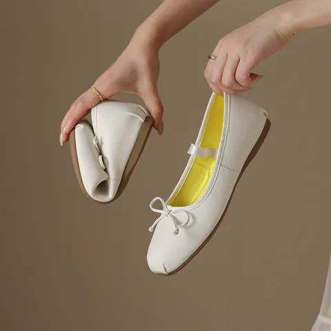 Women French Style Mary Jane Ballet Flats PU Leather Bowknot Decor Elastic Strap Shoes With Hidden Wedge Heel Soft Sole Shoes