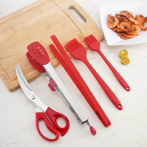 Tijeras de Cocina de Acero Inoxidable 304 Barbacoa Pinzas para Alimentos Multifunción Pincel de Silicona para Filete Parrilla Cocina