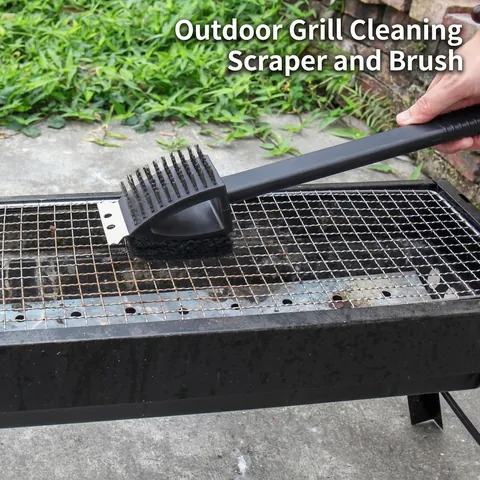 Multifunctional BBQ Grill Cleaning Brush Stainless Steel Scraper Wire Bristles and Scourer with Long Non-Slip Handle Outdoor Grill Cleaner