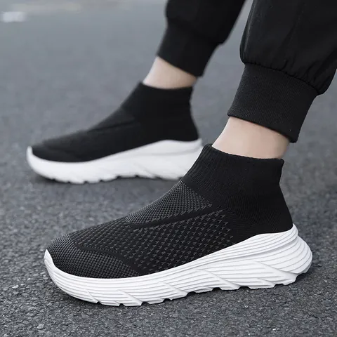 Unisex High Top Sock Sneakers Lightweight Breathable Flyknit Walking Shoes Elastic Cuff Slip On Athletic Fashion Sneakers