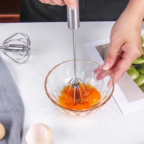 Stainless Steel Semi-automatic Push Egg Beater Manual Whisk Rotary Cream Mixer Kitchen Baking Tool for Egg Milk Frother