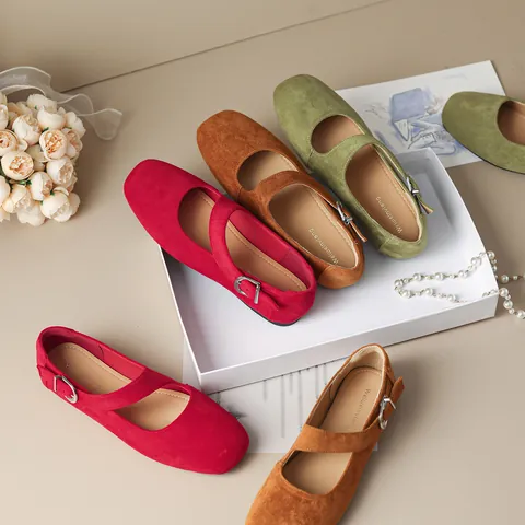 French Vintage Suede Mary Jane Flats For Women Square Toe Buckle Strap Ballet Shoes Retro Low Heel Casual Loafers Dress Shoes